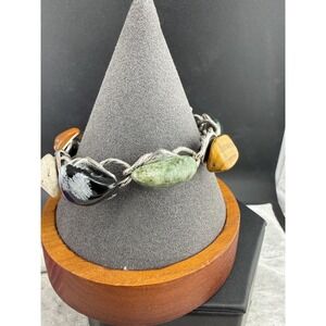 Vintage Estate Charm Bracelet Multi Color Polished Stone Silver Tone 7"